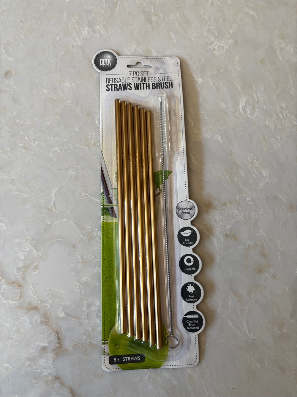 NWT Gold Stainless Steel Reusable Straws - 7pc Set with Brush